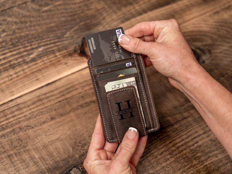 Personalized Leather Magnetic Money Clip, Small Front Pocket Card Holder, Christmas Gift for Him, Slim Wallet with Money Clip image 5