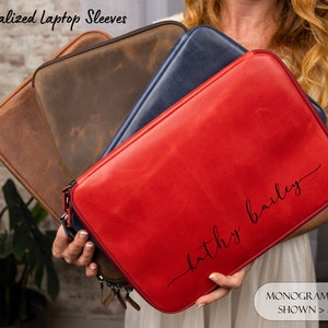 Personalized Leather Laptop Sleeve, Custom Name Laptop Case, Engraved MacBook Sleeve, Gift for Him Her, Monogram Laptop Cover, Slim Laptop
