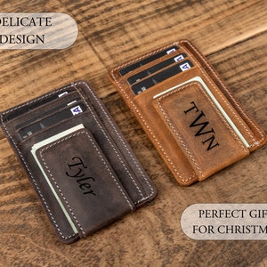 Personalized Leather Magnetic Money Clip, Small Front Pocket Card Holder, Christmas Gift for Him, Slim Wallet with Money Clip image 7