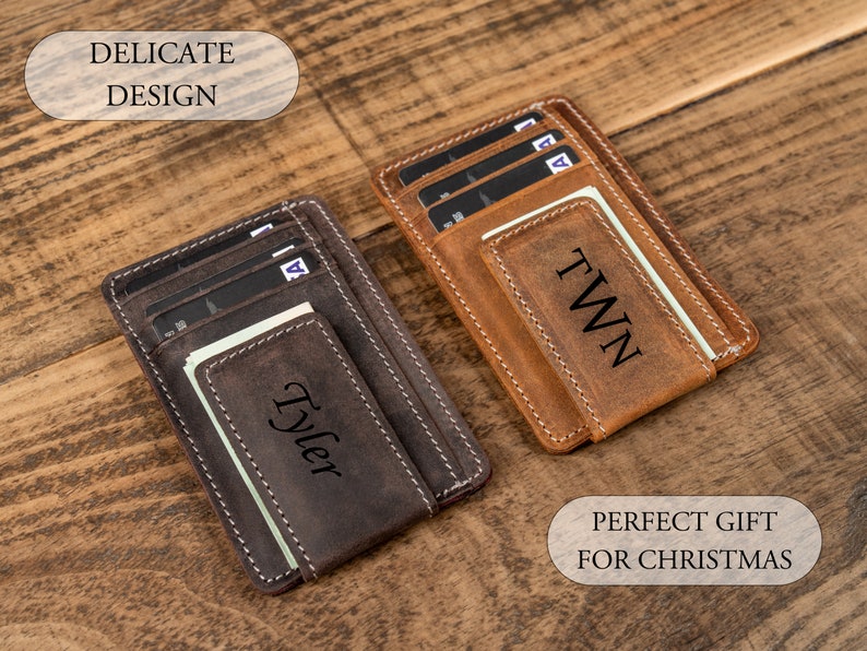 Personalized Leather Magnetic Money Clip, Small Front Pocket Card Holder, Christmas Gift for Him, Slim Wallet with Money Clip image 7