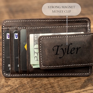 Personalized Leather Magnetic Money Clip, Small Front Pocket Card Holder, Christmas Gift for Him, Slim Wallet with Money Clip image 6