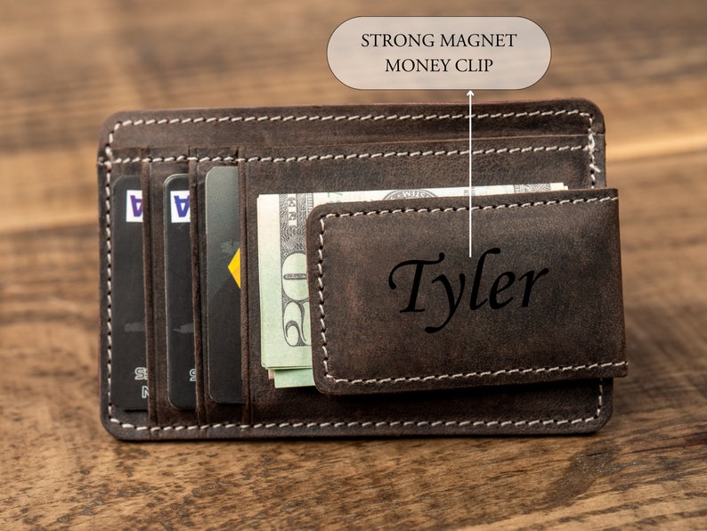 Personalized Leather Magnetic Money Clip, Small Front Pocket Card Holder, Christmas Gift for Him, Slim Wallet with Money Clip image 6