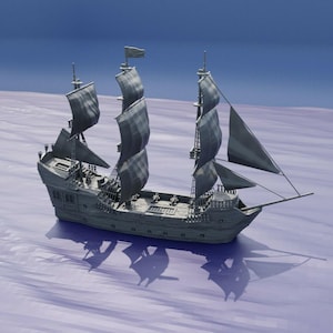 Könnte beinhalten: Ein graues Modell eines dreimastigen Segelschiffs mit mehreren dunklen Segeln, einem detaillierten Holzrumpf und kleinen Kanonen auf dem Deck. Das Schiff ist mit Takelage und einer Flagge an der Spitze des Hauptmastes dargestellt.
