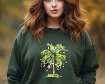 Christmas Palm Tree Sweatshirt, Tropical Xmas Gift, Florida Christmas Sweater, Beach Aloha Christmas, Santa Hawaiian Sweater, Xmas Family