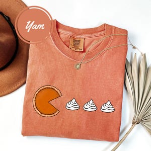 May include: A burnt orange t-shirt with a graphic of a pumpkin pie with a bite taken out of it and three dollops of whipped cream. The text "Comfort Colors" is visible on the shirt.