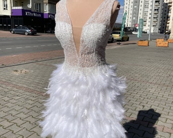 Bridal Gown,White Cocktail Dress,Party Dress,Engagement Dress,Bridal Dress,White Short Dress ,White Feather Dress,White Dress,Gift for Bride