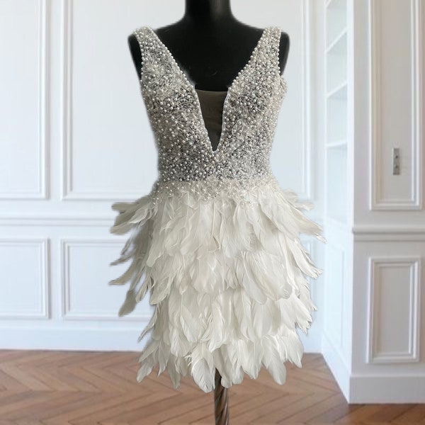 White Pearl Dress,Bride Dress,Engagement Dress, Short Wedding Dress,After Party Dress,White Feather Dress,Cocktail Dress,Bridal Gown,Gift