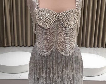 Silver Dress,Beaded Fringe Dress,Metallic Tassel Dress,Party Dress,Britday Dress,Bride Dress,Cocktail Dress,Wedding Guest Dress,Gift for Her