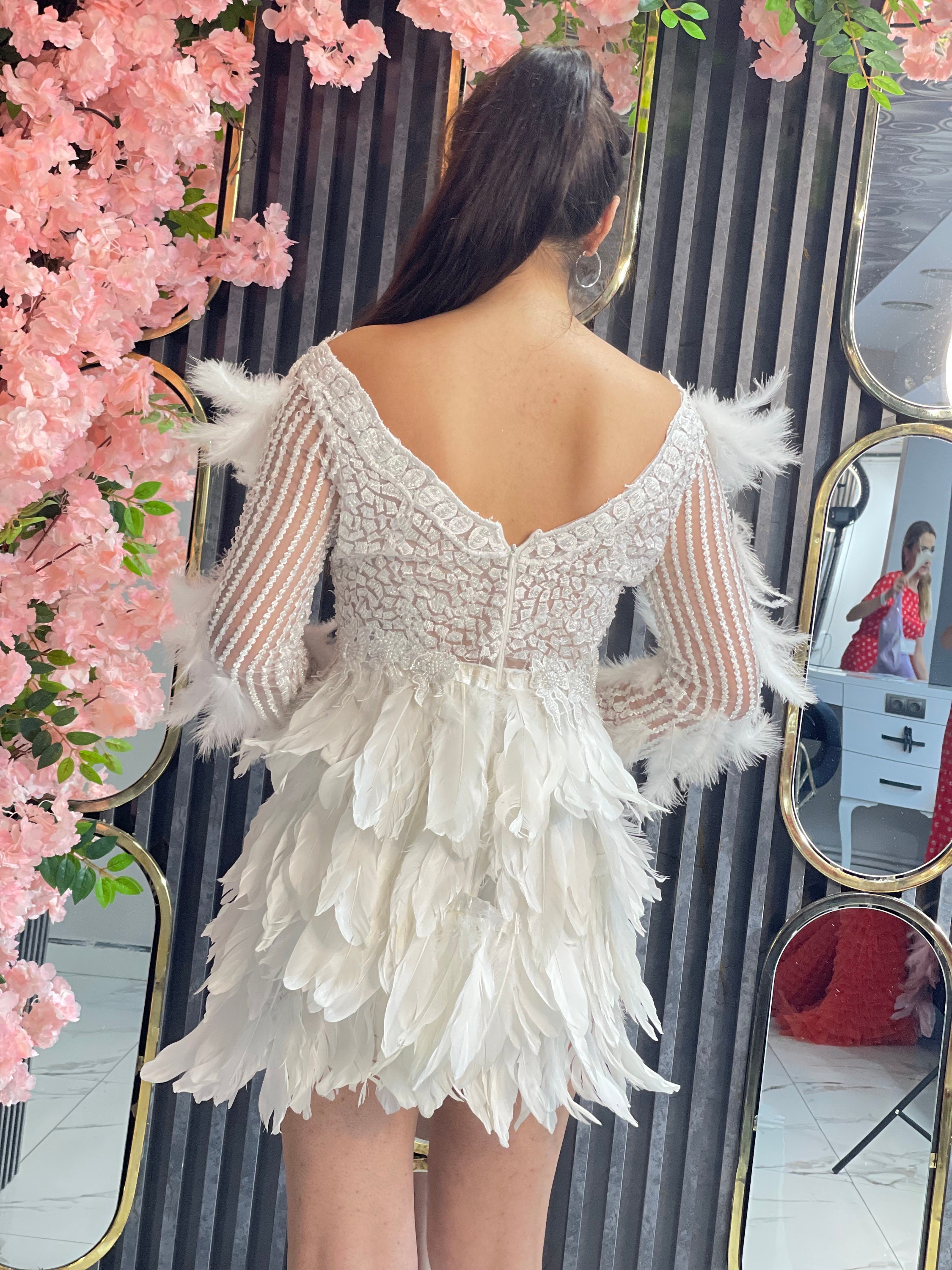 White Wedding Dress, Short Wedding Dress,white Feather Dress, Elopement ...