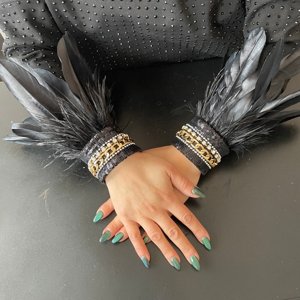 Bracelet en plumes d'autruche, bracelet fait main, accessoires de fête, accessoires de mariage, bracelet noir, bracelet en plumes