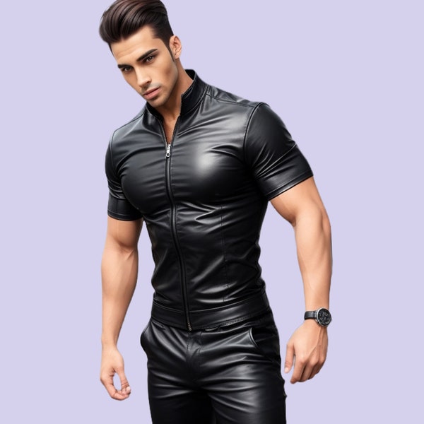 Chemise en cuir souple faite main, chemise à manches longues en cuir noir véritable, chemise slim fit, cadeau pour lui