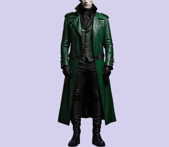 Green Leather Gothic Trench Coat Handmade Vampire Style