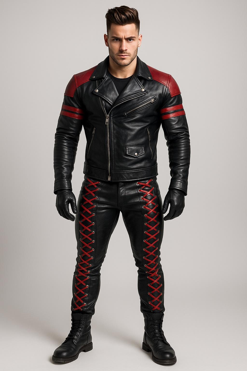 Handmade Black and Red Leather Biker Outfit | Moto Jacket & Lace