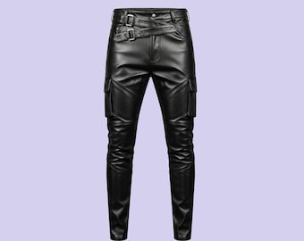 Men&#39;s Genuine Leather Trousers - Handmade Black Cargo Pants - Slim Fit Motorcycle Pant - Punk Rockers Pants - Y2K Pants - Gift For Him