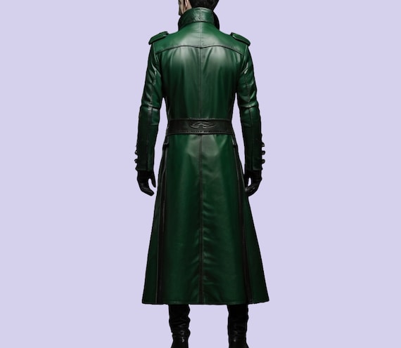 Genuine Leather Men Gothic Coat Green Leather Trench Coat