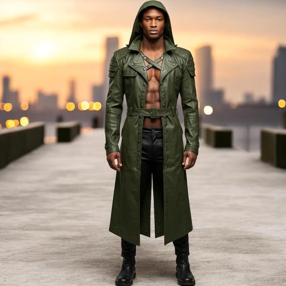 HOT Abrigo Largo Hombre Capucha Capucha Abrigo Verde Largo