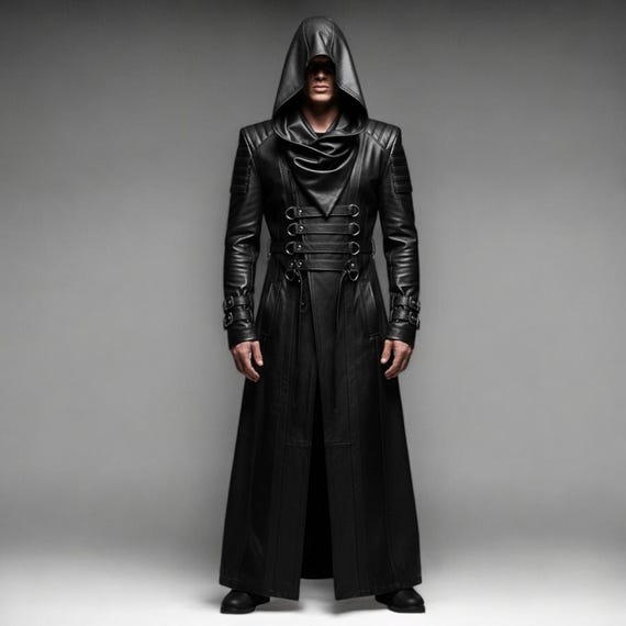 Sobretudo gótico masculino de couro com capuz: Duster guerreiro
