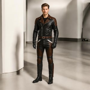 Men’s Black & Brown Leather Biker Set | Real Leather Jacket and Pants | Custom Cosplay | Festival Outfit | cosplay leather set