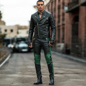 Handmade Leather Biker Outfit | Custom Real Leather Jacket and Pants Set for Men | Black Green Moto Suit | Streetwear Fashion