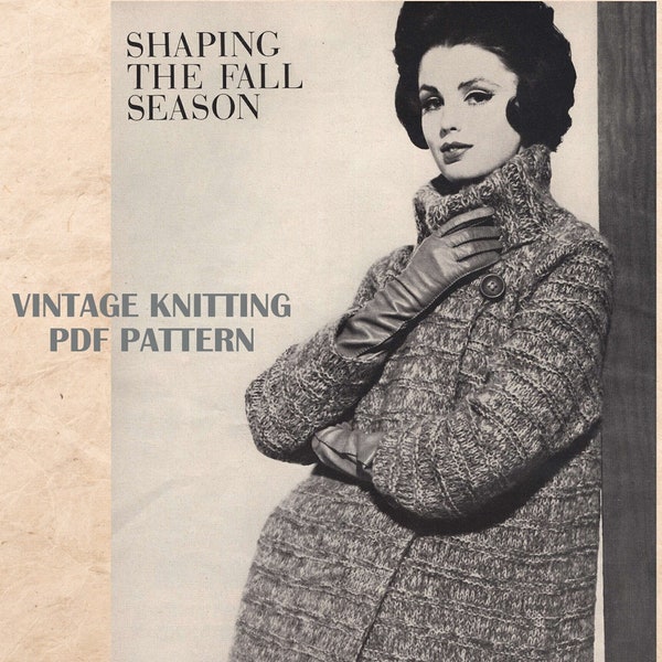 Womens KNITTING PATTERN 60s Mohair Ladies Coat Ribbed Collar Muffled Neckline on Buttons with loop Tutorial Bulky 12ply pdf Instant Download