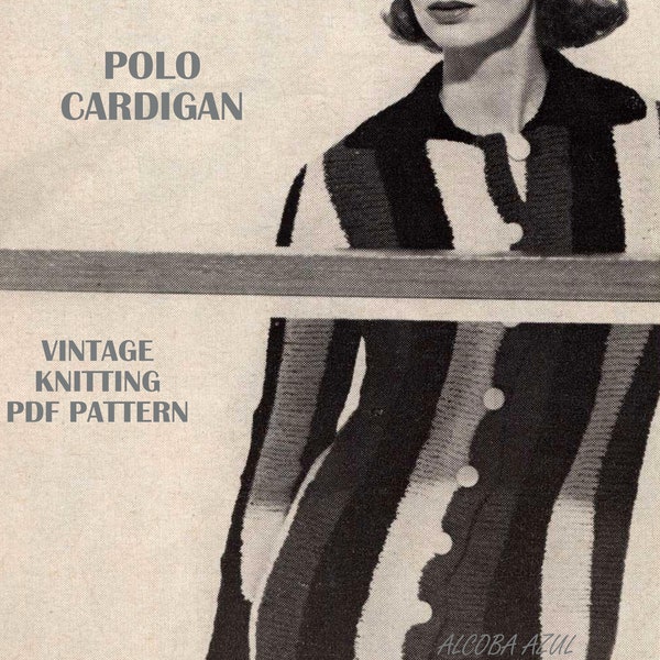 Vintage 1960s KNITTING PATTERN PDF Ladies Polo Cardigan Women's Long Beach shirt Vertically striped size 12 large needles Instant Download