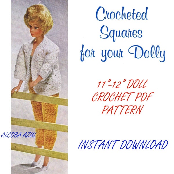 Vintage Crochet Squares PATTERN for your 11-12 inch Dolly Clothes 1960s Instant Download American Fashion Style Slacks 4-ply 14 wpi Hook 00