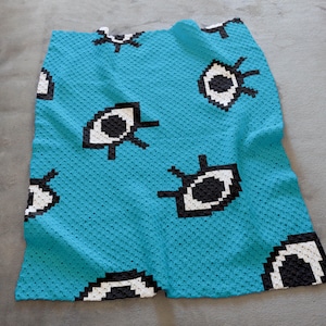 C2C Eyes Blau Decke häkeln Corner-to-Corner Colorwork Muster | 70x90 Quadrate Himmel Wolke Graph Kinderwagen PDF Instant Download überwerfen