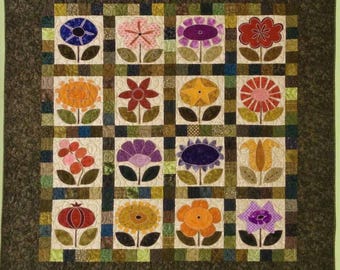 Floral motif Garden Wall Quilt PDF VINTAGE PATTERN  | Square Duvet Booklet 16 unique flower block 8x8 54.5x54.5 Instant Download 50 Applique