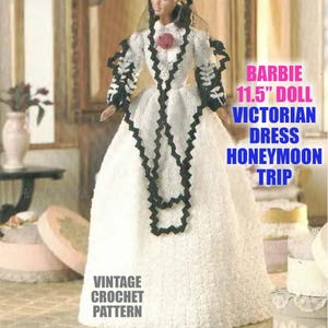 WZÓR szydełkowy na sukienkę dla lalek Barbie w stylu Southern Victorian Look o długości 11,5 cala | Ulotka z tiulową spódnicą na miesiąc miodowy Natychmiastowe pobranie pliku PDF