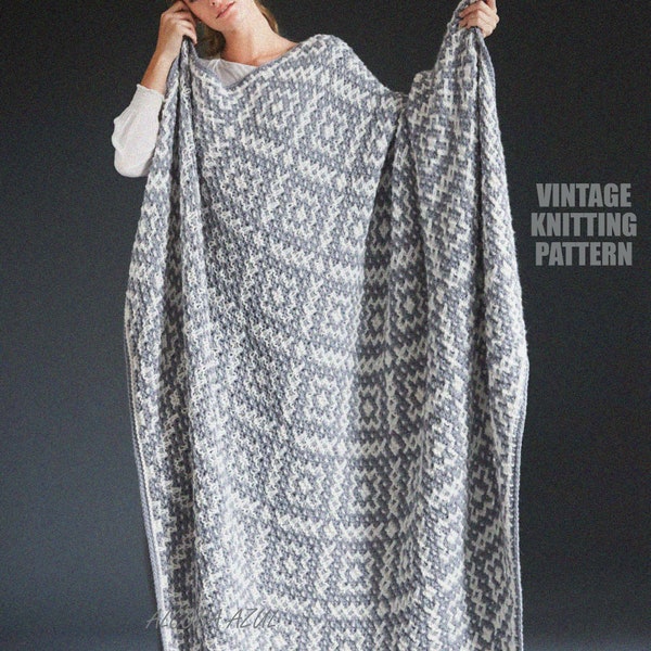 Mosaic Blanket KNITTING PATTERN PDF Vintage Knit Pattern Garter Stitch Cover Chunky Bulky yarn Grey afghan Knit Quilt Rug Instant Download