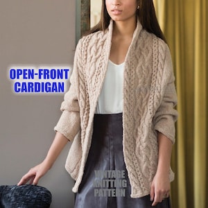 WZÓR NA DZIANINĘ Vintage Aran Kardigan z odkrytym przodem dla kobiet | Luźny sweter oversize Cable Cascade Ulotka Średniozaawansowany Natychmiastowe pobieranie PDF