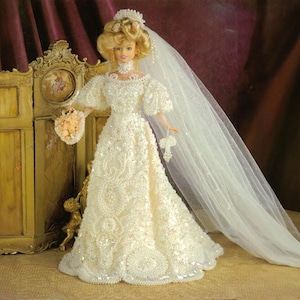 Vintage Häkelanleitung PDF Barbie Perlenbesatz Brautkleid | 11,5 "Puppe Jeweled Geldbörse Kopfschmuck Schleier 7 Stahlhaken Digital Download