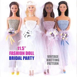 Bridal Party 11.5 inch Doll Set of Vintage Knitting PATTERN | Wedding Bride Dress Bridesmaid Tube Gowns Bouquet Instant Digital download PDF
