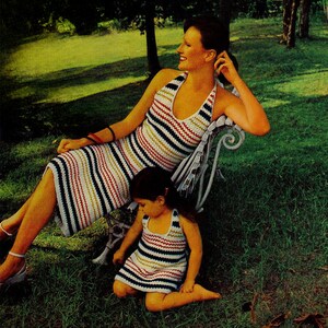 Easy 70s Halter Dress Vintage Crochet PATTERN | Mom Daughter Set Summer Striped Duo Retro Fashion Beach Outwear Girl’s PDF Instant Download