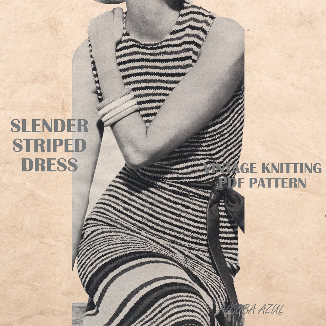 Stockinette Stitch KNITTING PATTERN Pdf Womens Slender Striped Dress 60s  Ladies Sunny Days Suit Size 12 Fingering Ply Instant Download