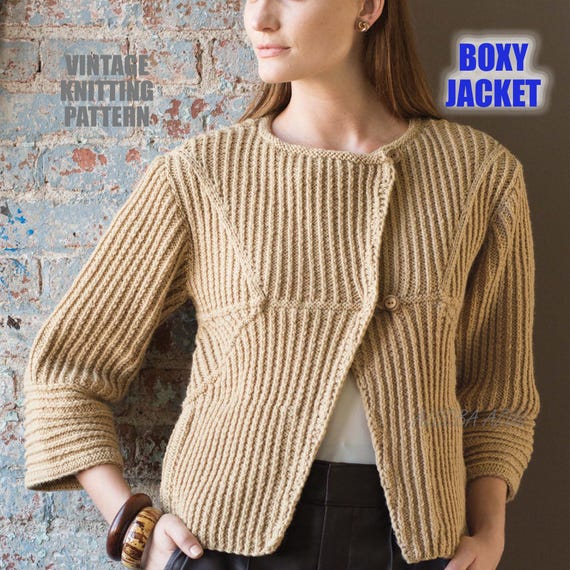 Damen Worsted Boxy Jacke Vintage Strickanleitung PDF Diagonal Gerippter  Pullover Booklet Knit Leaflet Nadeln US6 US7 Instant Download