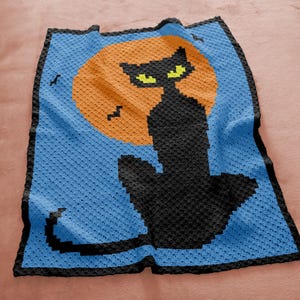 Manta de gato negro de Halloween (C2C), patrón de crochet esquina a esquina (PDF) / Manta de 70 x 90 cuadrados, gráfico de cuna de 75 x 60 pulgadas, afgano, descarga instantánea