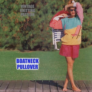 Sweter z dekoltem typu boat neck vintage damski WZÓR na robótkę | Sweter z dzianiny czesankowej z obniżonymi ramionami i paskami Ulotka Scena plażowa Druty 5 7 Biust 81-96 cm PDF