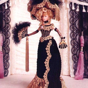 Vintage Gold Rush Lady 11.5" Doll Häkelanleitung PDF | Glamouröses Kleid Gold Spitzenbesatz Mieder Rock Hut Fan Geldbörse Stiefel Sofort Download