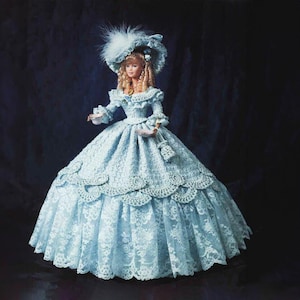 PDF 11 1/2-Zoll-Puppe Tea-Party Kleid Vintage 11 1/2-Zoll Häkelanleitung | Mieder voller Rock Hut Geldbörse Schuhe Größe 7 Stahlhaken Instant Download