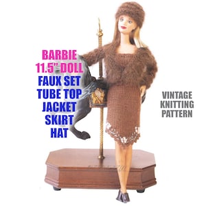 Barbie Faux Mink Set Kurtka Spódnica Kapelusz Góra Vintage Knitting PATTERN 11.5 cala Lalka | Angora Cashmere Broszura Ulotka Natychmiastowe pobranie pliku PDF