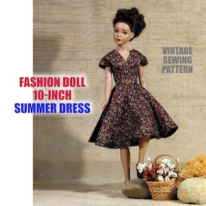 WZÓR DO SZYCIA W STYLU Vintage 10-calowa sukienka z kwiatami dla lalek | Spódnica rozkloszowana 25 cm Ulotka Broszura Broszura Garderoba Natychmiastowe pobranie pliku PDF