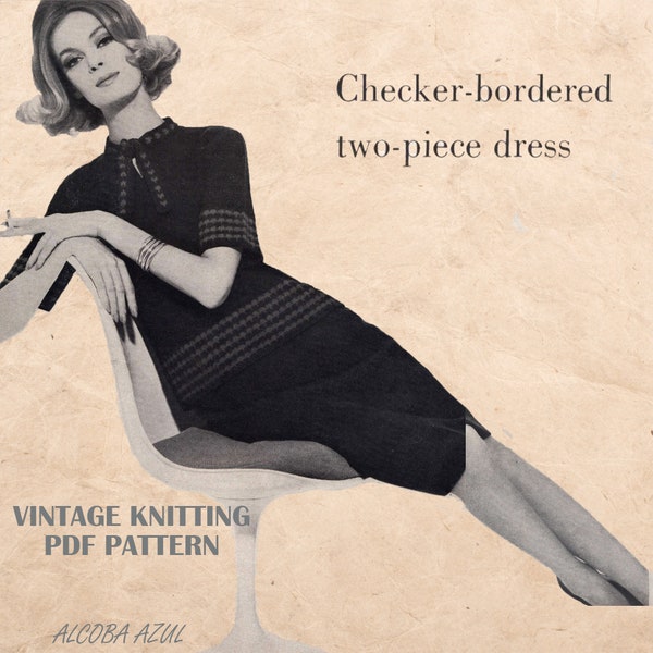 Womens Two-piece dress KNITTING PATTERN pdf Overblouse Skirt Navy Blue  Checker bordered 60s size 12 Light Fingering 3ply Instant Download