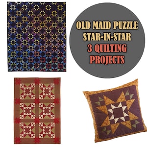 Vintage PATTERN 16&quot; Block Old Maid’s Puzzle Quilt Star-in-a-star Effect | PDF 80&quot;x96&quot; Large Duvet 48x68 Throw 24&quot; Cushion Instant Download