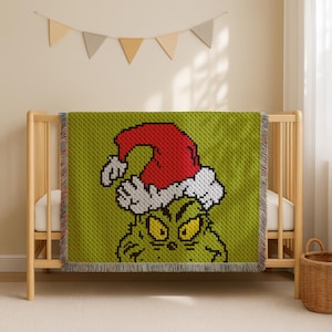 Grinch Baby Blanket C2C CROCHET PATTERN Green Face Lapghan Grinchmas Afghan X-Mas Kids Stroller Santa Hat Throw PDF Instant Download