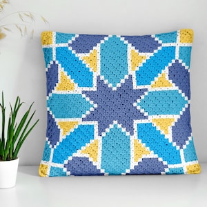 Patrón de crochet para almohada de cama cuadrada con mosaico C2C (mini decoración del hogar) / Azulejos de Sevilla de 35,5 cm y 60 cm, gráfico de colores, descarga instantánea