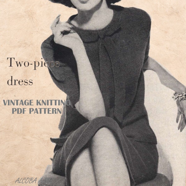 Womens KNITTING PATTERN pdf Ladies Limber dress 60s Overblouse Narrow skirt size 12-16 Garter stitch Fingering 4ply Crochet Instant Download