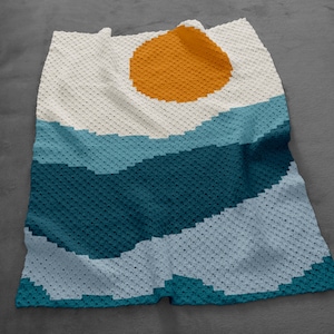 Manta con paisaje de sol y olas (C2C), patrón de crochet en PDF / Manta de esquina a esquina de 70 x 90 cuadrados, gráfico gráfico, manta de cuna de 75 x 60 pulgadas, descarga instantánea