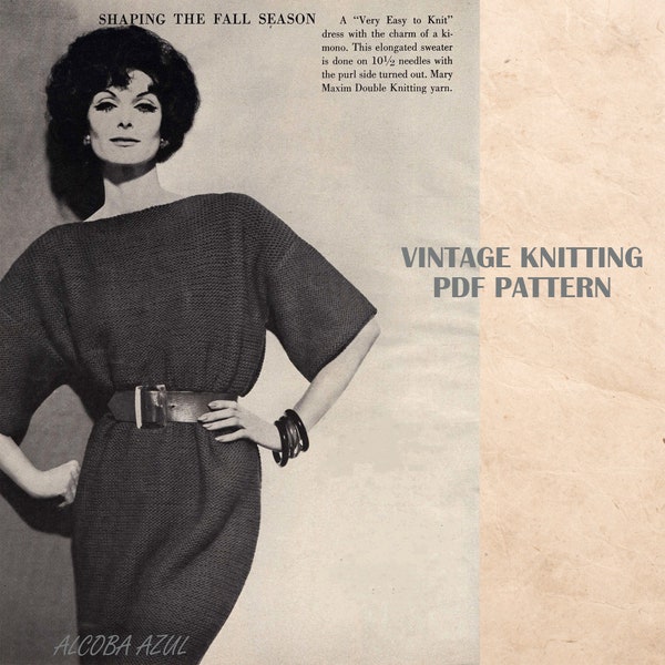 Vintage KNITTING PATTERN pdf Ladies Easy to Knit Dress 1960s Womens Kimono Sweater size 12 Tutorial DK Light worsted 8ply Instant Download