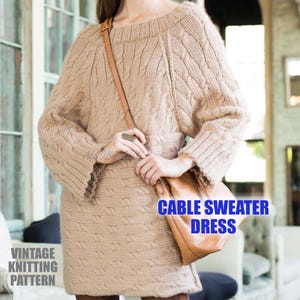 Ulotka damska Aran Cable Sweater Dress Vintage KNITTING PATTERN PDF | Przytulna tunika Broszura do legginsów Jeans Dekolt w łódkę Natychmiastowe pobranie